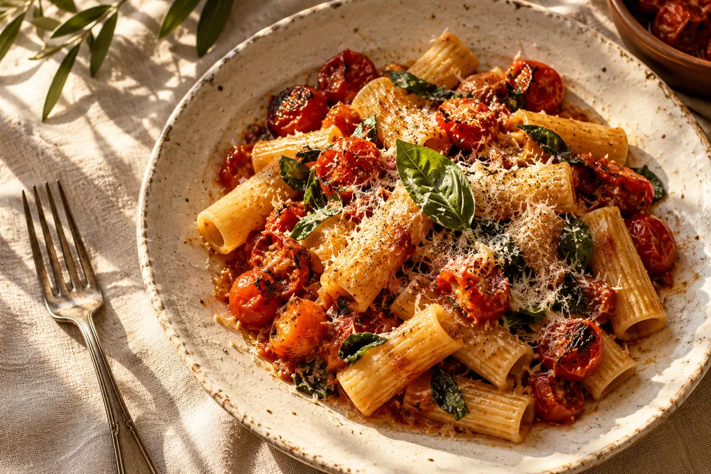 Rigatoni with roasted tomatoes and basil on handmade ceramics in warm sunlight
