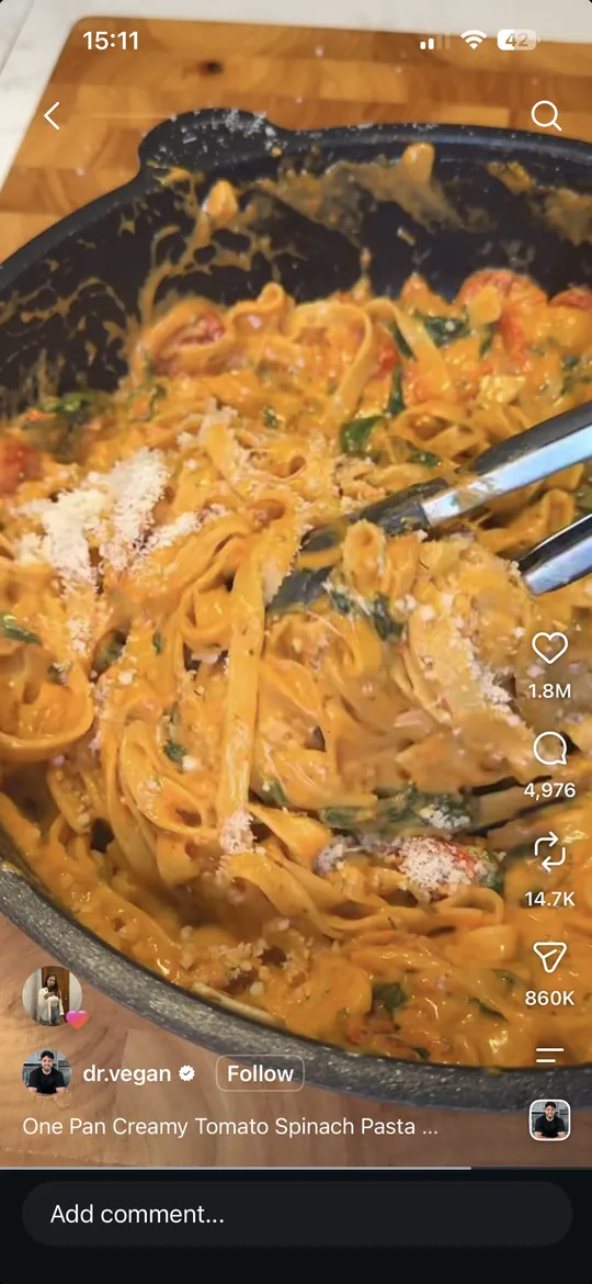 A saved Instagram Reel with a creamy tomato pasta recipe