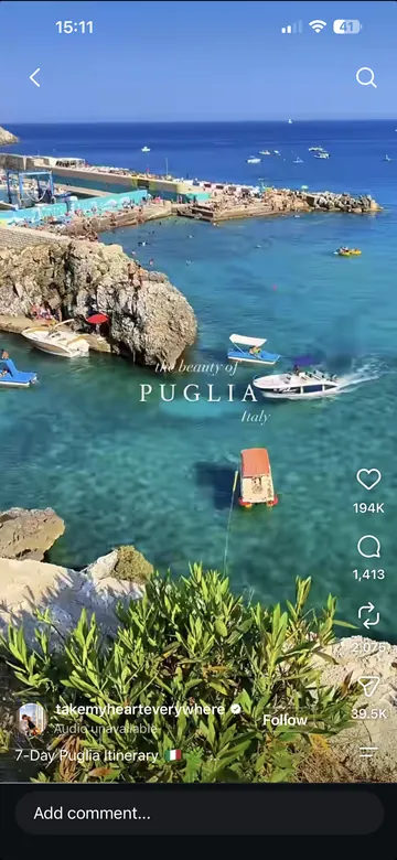 A saved Instagram Reel with a Puglia travel itinerary